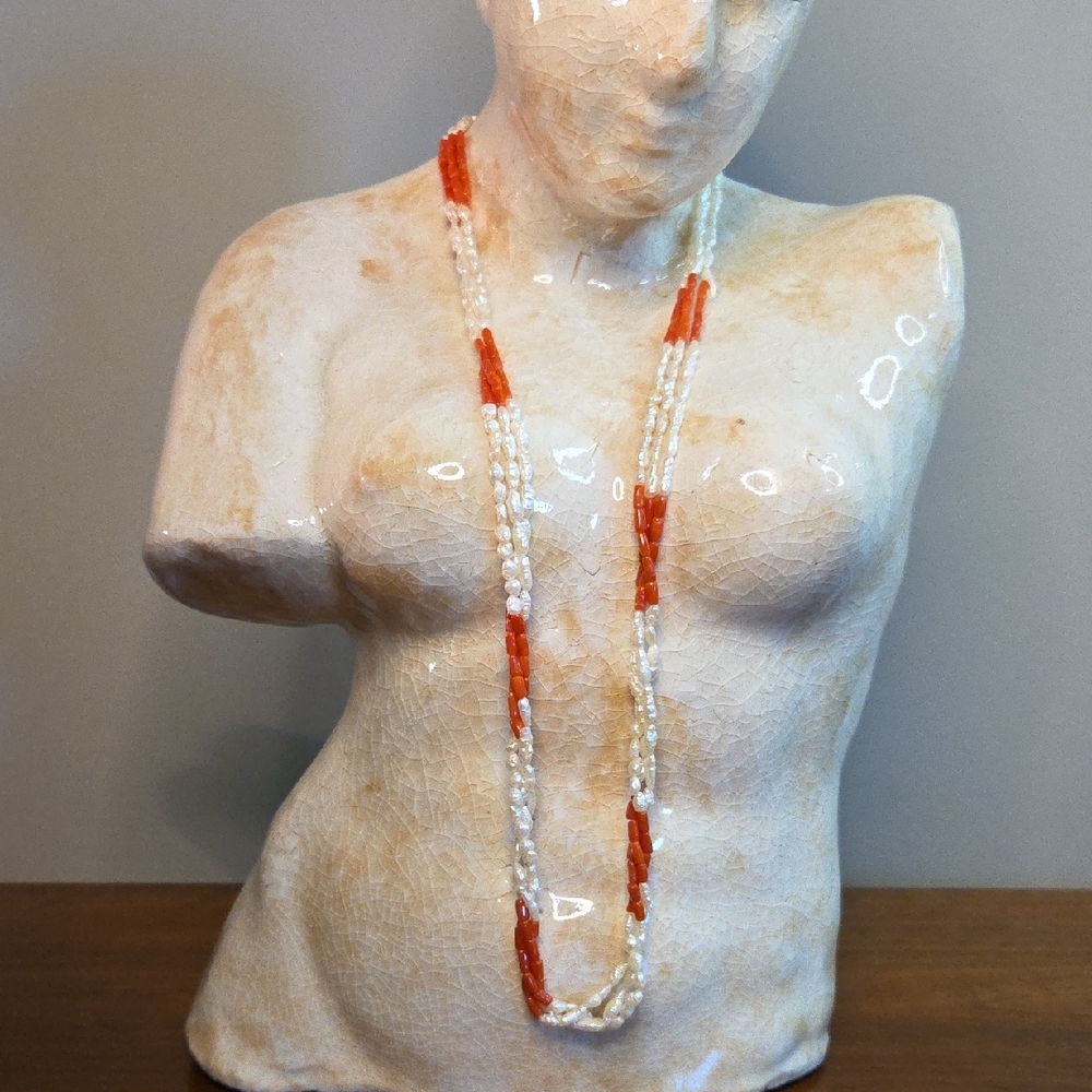 Vintage Rice Pearl And Angelskin Coral Triple Strand Necklace 24" 14k Gold Clasp